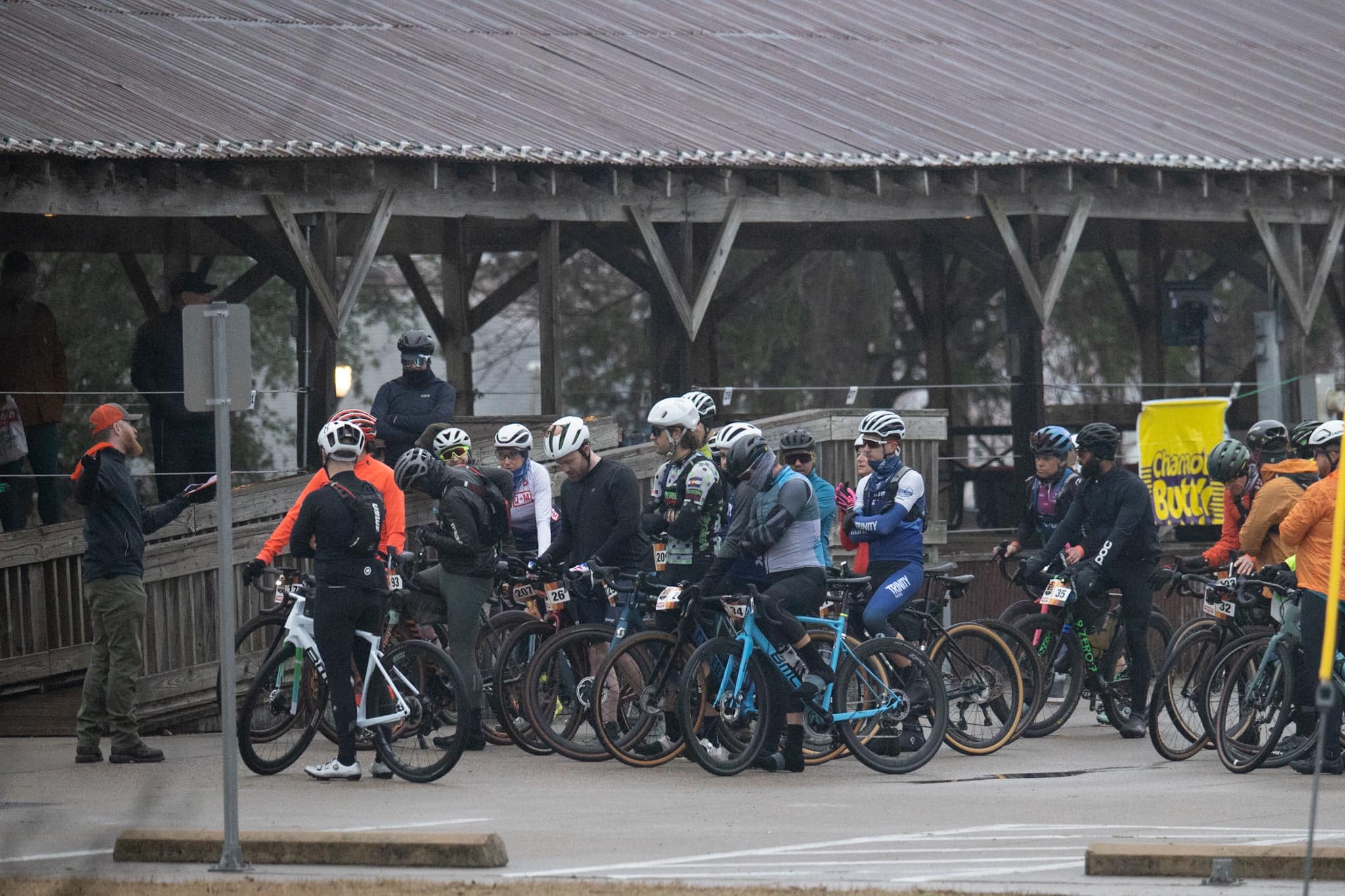Riders lining up for a bike race.